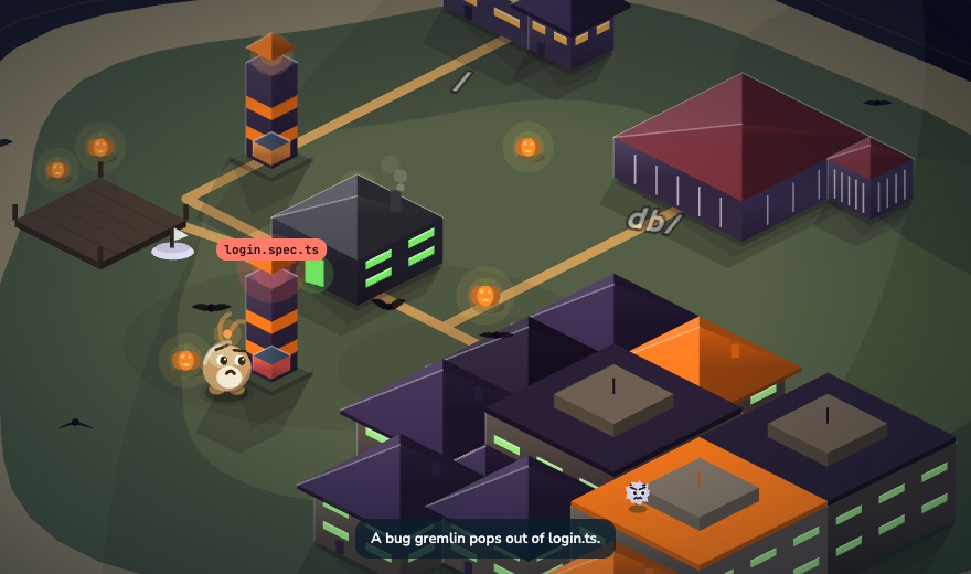 The Halloween stage: purple houses with orange roofs, jack-o-lanterns along the paths and a ghost-white gremlin popping out of a building