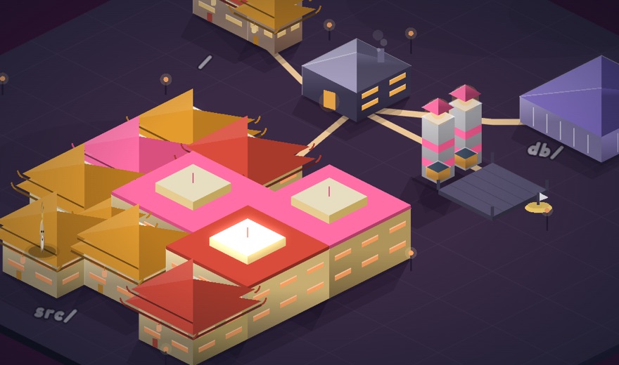 The Lanterns stage: a night festival town with pagoda roofs and paper lanterns, the agent at work on a file